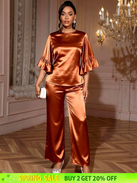 AOMEIDRESS Brown Satin Two Piece Set Butterfly Sleeves Tops Pants Brown / S