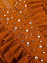 AOMEIDRESS Brown V Neck Dress Nail Bead Ruffles Lantern Sleeve A Line