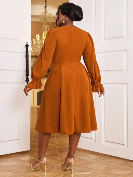 AOMEIDRESS Brown V Neck Dress Nail Bead Ruffles Lantern Sleeve A Line