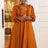 AOMEIDRESS Brown V Neck Dress Nail Bead Ruffles Lantern Sleeve A Line Brown / S