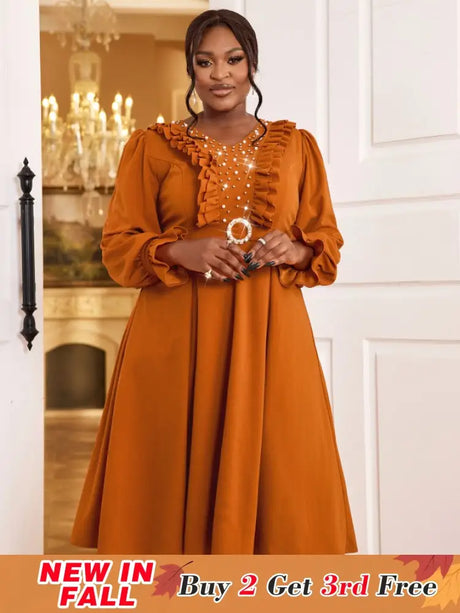 AOMEIDRESS Brown V Neck Dress Nail Bead Ruffles Lantern Sleeve A Line Brown / S