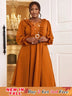 AOMEIDRESS Brown V Neck Dress Nail Bead Ruffles Lantern Sleeve A Line Brown / S