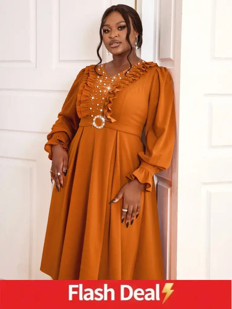 AOMEIDRESS Brown V Neck Dress Nail Bead Ruffles Lantern Sleeve A Line