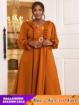 AOMEIDRESS Brown V Neck Dress Nail Bead Ruffles Lantern Sleeve A Line Brown / S