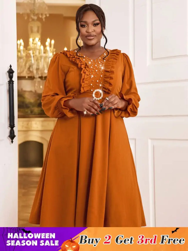 AOMEIDRESS Brown V Neck Dress Nail Bead Ruffles Lantern Sleeve A Line Brown / S