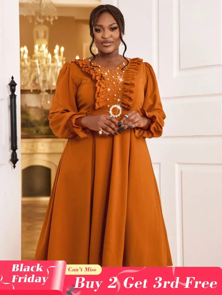 AOMEIDRESS Brown V Neck Dress Nail Bead Ruffles Lantern Sleeve A Line Brown / S