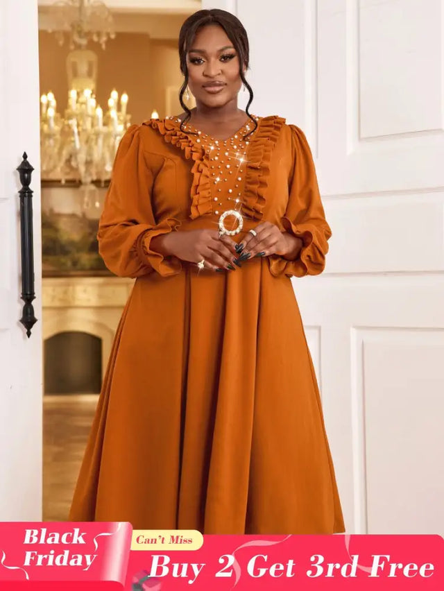 AOMEIDRESS Brown V Neck Dress Nail Bead Ruffles Lantern Sleeve A Line Brown / S