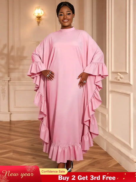 AOMEIDRESS Bubu Dresses Kaftan Loose Ruffles Africa Party Gowns Pink / One Size