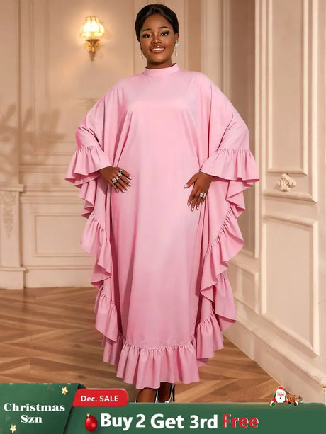 AOMEIDRESS Bubu Dresses Kaftan Loose Ruffles Africa Party Gowns Pink / One Size