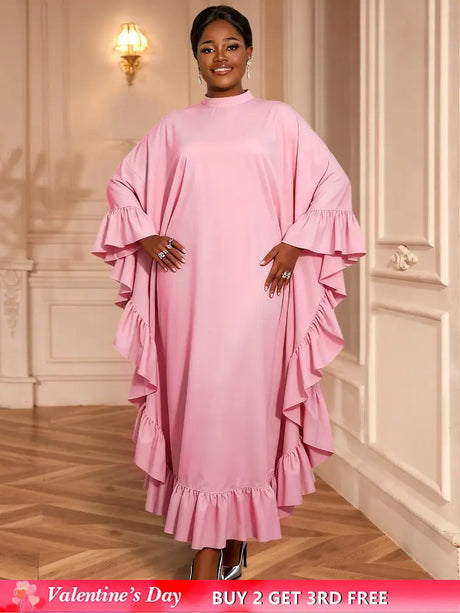 AOMEIDRESS Bubu Dresses Kaftan Loose Ruffles Africa Party Gowns Pink / One Size