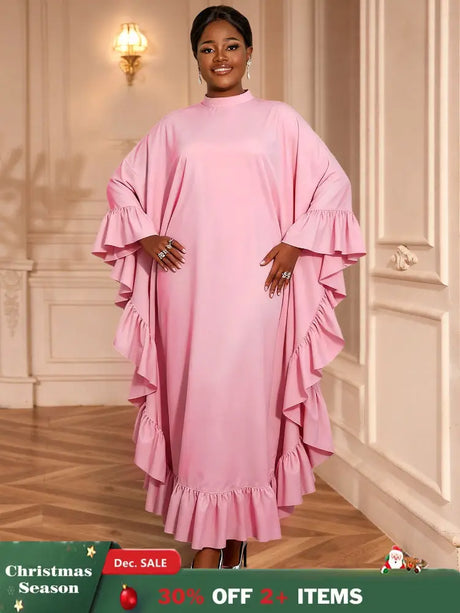 AOMEIDRESS Bubu Dresses Kaftan Loose Ruffles Africa Party Gowns Pink / One Size