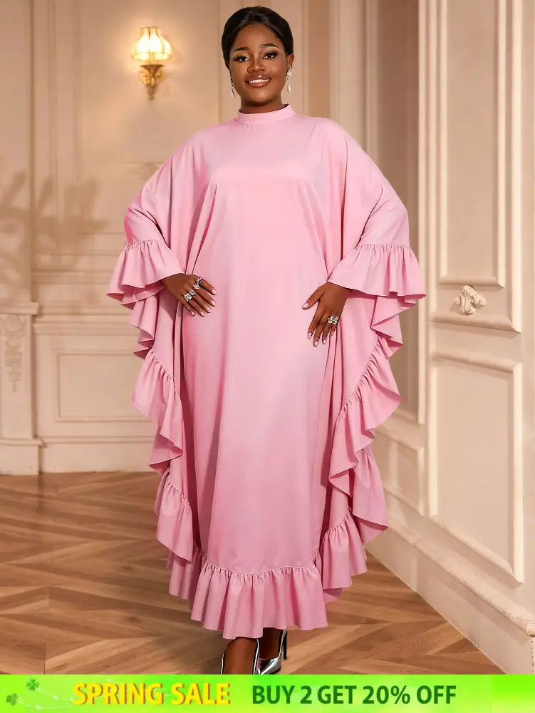 AOMEIDRESS Bubu Dresses Kaftan Loose Ruffles Africa Party Gowns Pink / One Size
