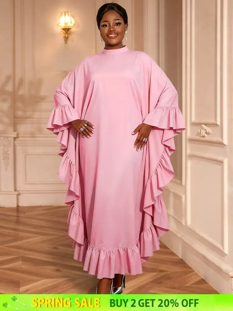 AOMEIDRESS Bubu Dresses Kaftan Loose Ruffles Africa Party Gowns Pink / One Size