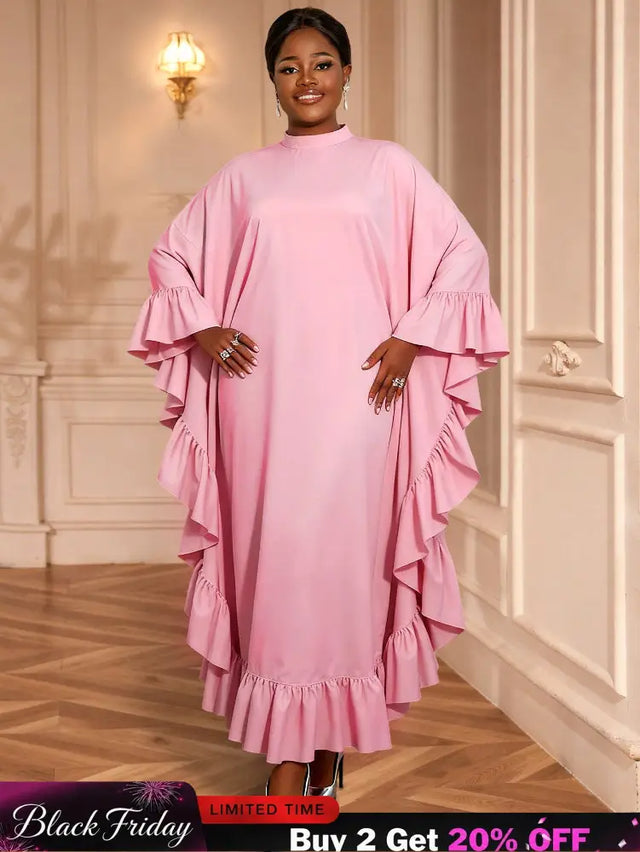 AOMEIDRESS Bubu Dresses Kaftan Loose Ruffles Africa Party Gowns Pink / One Size