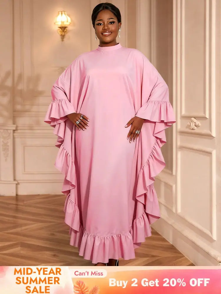 AOMEIDRESS Bubu Dresses Kaftan Loose Ruffles Africa Party Gowns Pink / One Size