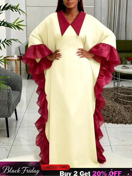 AOMEIDRESS Bubu Dresses Kaftan Loose Turn Down Collar Batwing Sleeves - LightYellow / One Size