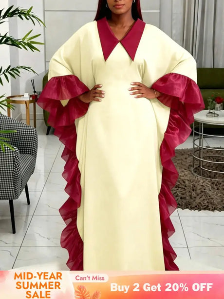 AOMEIDRESS Bubu Dresses Kaftan Loose Turn Down Collar Batwing Sleeves - LightYellow / One Size