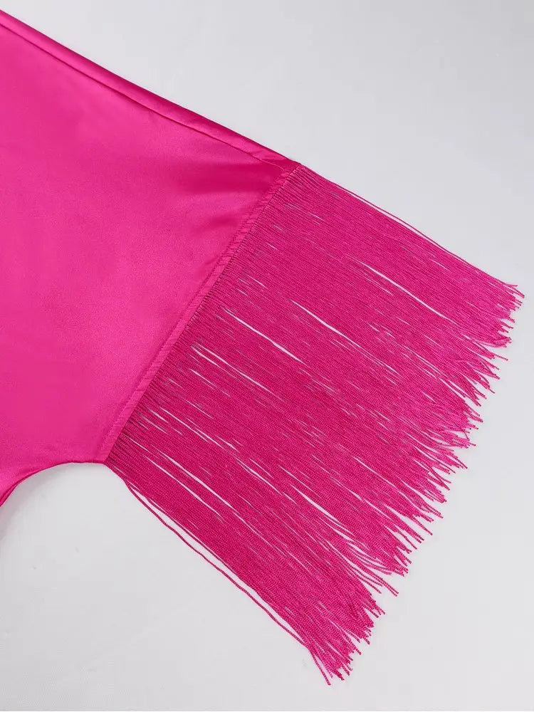 AOMEIDRESS Bubu Dresses Satin Fringe Tie Neck Long Sleeve Loose Maxi - Rose / One Size