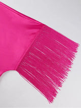 AOMEIDRESS Bubu Dresses Satin Fringe Tie Neck Long Sleeve Loose Maxi - Rose / One Size
