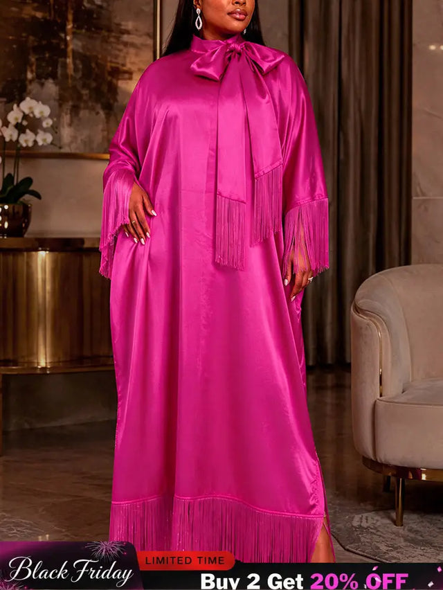 AOMEIDRESS Bubu Dresses Satin Fringe Tie Neck Long Sleeve Loose Maxi - Rose / One Size