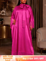 AOMEIDRESS Bubu Dresses Satin Fringe Tie Neck Long Sleeve Loose Maxi - Rose / One Size