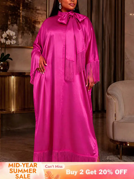 AOMEIDRESS Bubu Dresses Satin Fringe Tie Neck Long Sleeve Loose Maxi - Rose / One Size