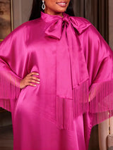 AOMEIDRESS Bubu Dresses Satin Fringe Tie Neck Long Sleeve Loose Maxi - Rose / One Size