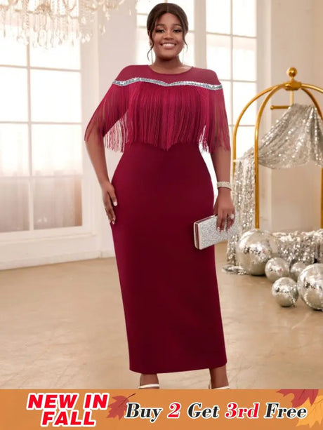 AOMEIDRESS Burgundy Party Dresses O Neck Tulle Patchwork Fringe Wine / S