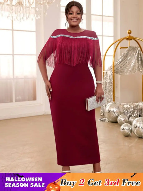 AOMEIDRESS Burgundy Party Dresses O Neck Tulle Patchwork Fringe Wine / S