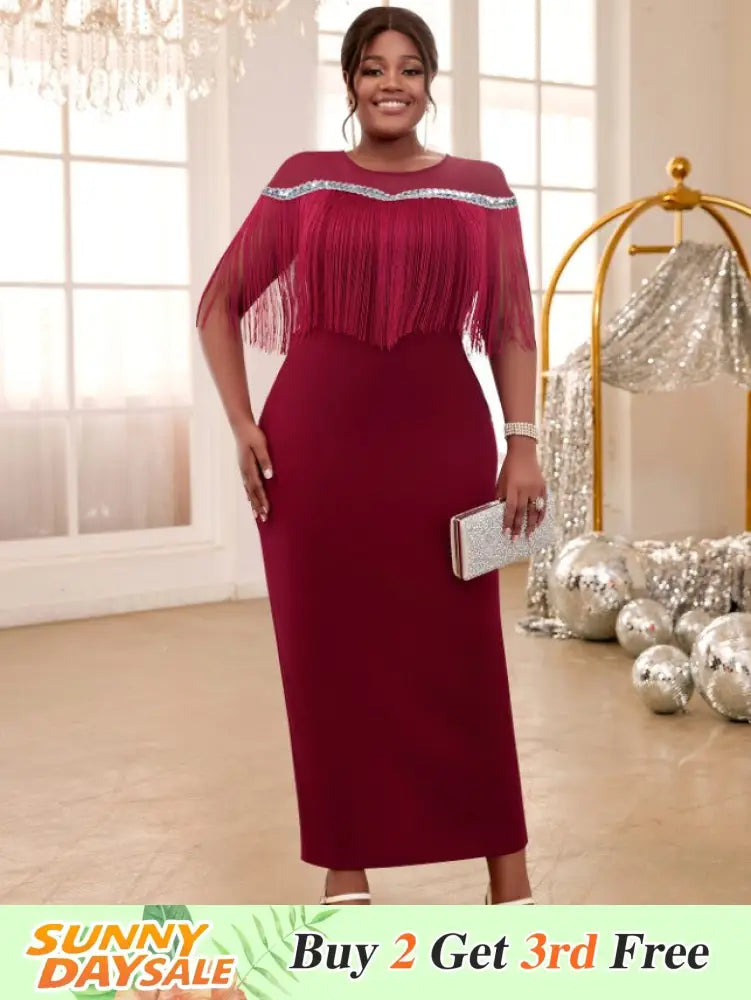 AOMEIDRESS Burgundy Party Dresses O Neck Tulle Patchwork Fringe Wine / S