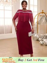 AOMEIDRESS Burgundy Party Dresses O Neck Tulle Patchwork Fringe Wine / S