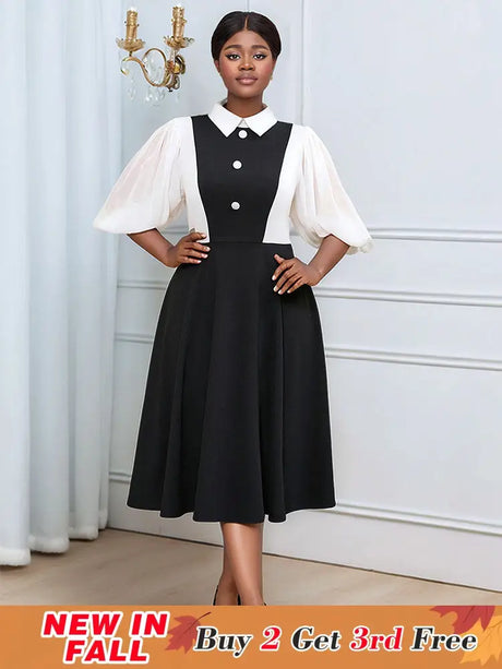 AOMEIDRESS Business Work Dresses Vintage Swing Turn-Down Collar Dress Black / 0XL