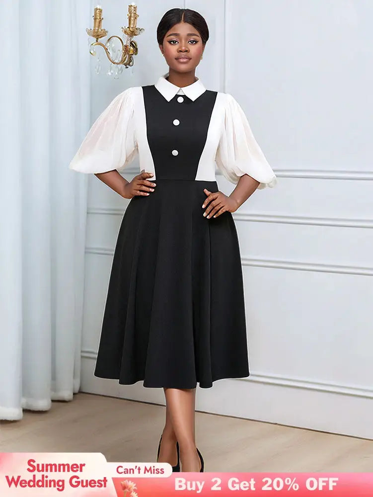 AOMEIDRESS Business Work Dresses Vintage Swing Turn-Down Collar Dress Black / 0XL