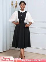 AOMEIDRESS Business Work Dresses Vintage Swing Turn-Down Collar Dress Black / 0XL