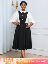 AOMEIDRESS Business Work Dresses Vintage Swing Turn-Down Collar Dress Black / 0XL