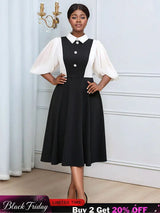 AOMEIDRESS Business Work Dresses Vintage Swing Turn-Down Collar Dress Black / 0XL