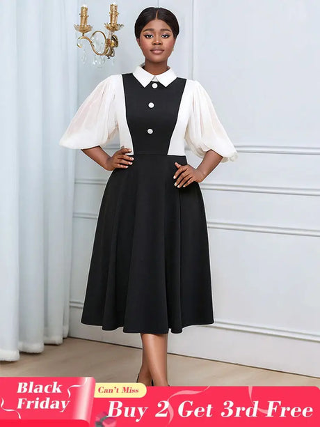 AOMEIDRESS Business Work Dresses Vintage Swing Turn-Down Collar Dress Black / 0XL