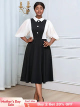 AOMEIDRESS Business Work Dresses Vintage Swing Turn-Down Collar Dress Black / 0XL