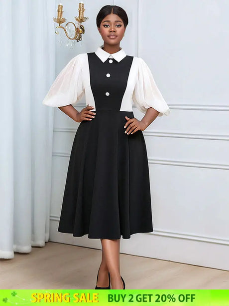 AOMEIDRESS Business Work Dresses Vintage Swing Turn-Down Collar Dress Black / 0XL