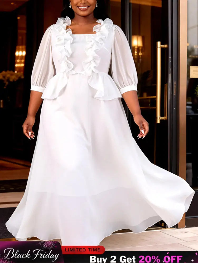 AOMEIDRESS Chic A Line Chiffon Dresses Square Neck Puff Sleeves Ruffles - White / L