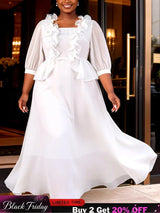 AOMEIDRESS Chic A Line Chiffon Dresses Square Neck Puff Sleeves Ruffles - White / L