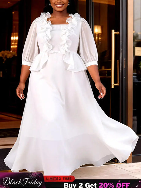 AOMEIDRESS Chic A Line Chiffon Dresses Square Neck Puff Sleeves Ruffles - White / L