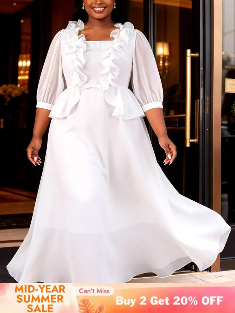 AOMEIDRESS Chic A Line Chiffon Dresses Square Neck Puff Sleeves Ruffles - White / L