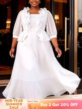 AOMEIDRESS Chic A Line Chiffon Dresses Square Neck Puff Sleeves Ruffles - White / L
