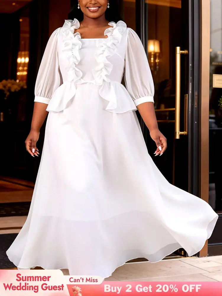 AOMEIDRESS Chic A Line Chiffon Dresses Square Neck Puff Sleeves Ruffles - White / L
