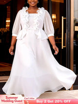 AOMEIDRESS Chic A Line Chiffon Dresses Square Neck Puff Sleeves Ruffles - White / L
