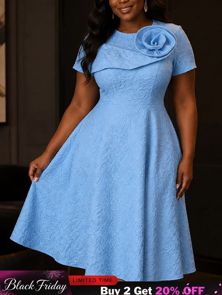 AOMEIDRESS Chic A Line Jacquard Dress O Neck 3D Floral Short Sleeves - Blue / S