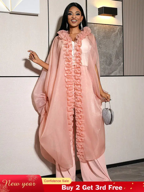 AOMEIDRESS Chic African Two Piece Set Elegant Ruffled Cape Pants Pink / S