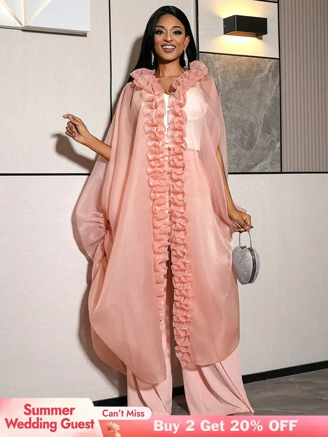 AOMEIDRESS Chic African Two Piece Set Elegant Ruffled Cape Pants Pink / S