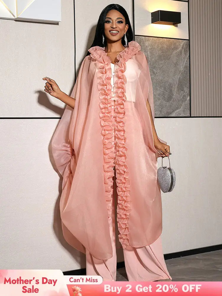 AOMEIDRESS Chic African Two Piece Set Elegant Ruffled Cape Pants Pink / S